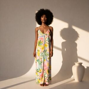 True Destinations Pink Maxi Slip Dress Size Large Floral Tropical Print Resort